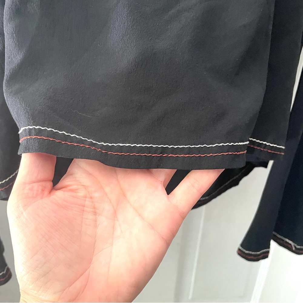 Madewell Black Silk Stitched V-Neck Tie Open Back Long Bell Sleeve Top Size M - Picture 8 of 14